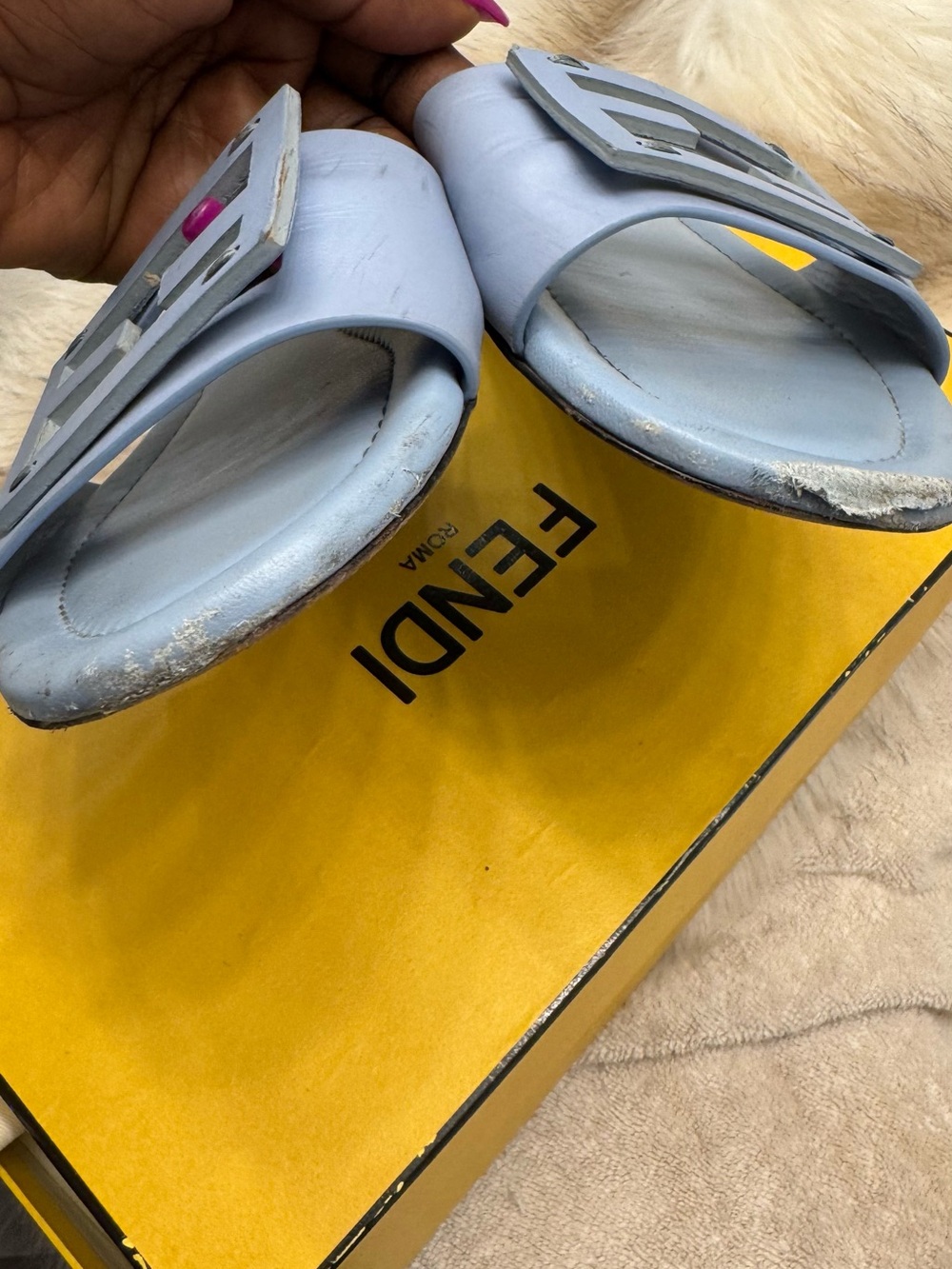 Fendi Powder Blue Logo Buckle Slide Mules - Picture 2 of 4